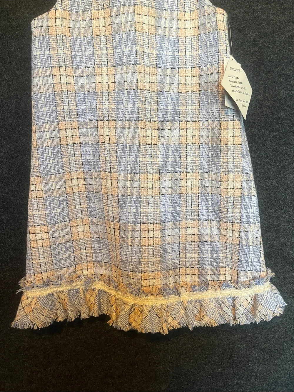 Blueberi Boulevard Girls Blue and Cream Tweed Fringe A-Line Dress